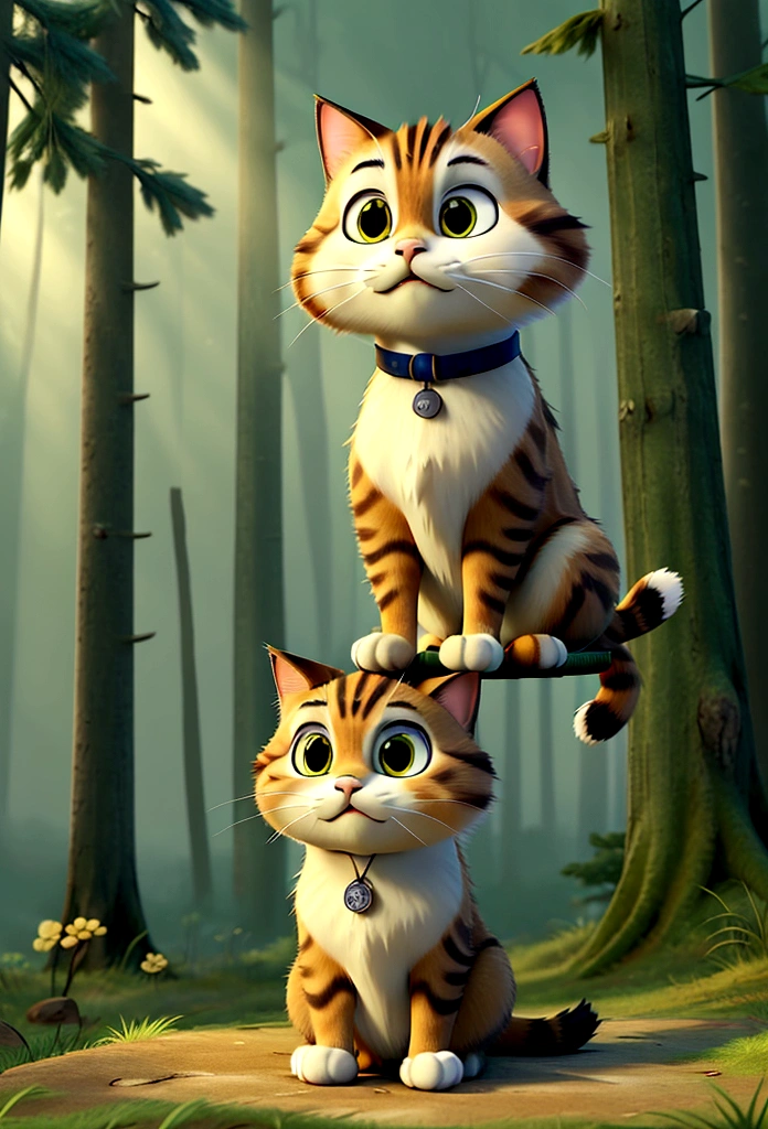 Hayao Miyazaki-style cat pilot rendering, with forest background