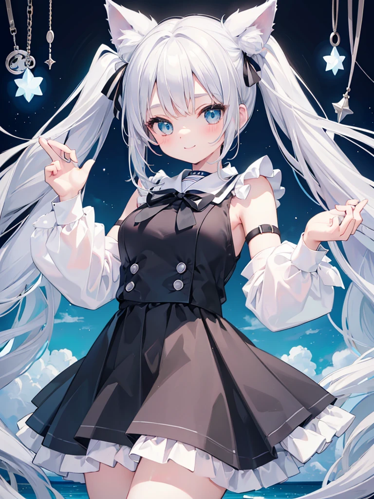 ((masterpiece)) , Aqua Eye, Silver Hair,Twin tails、Beautiful white skin、Cat ear,Black Ribbon, White Sailor Suit、White pleated skirt , Sleeveless, ((Charm))、smile、Perfect proportions、Round Breasts、Single color background