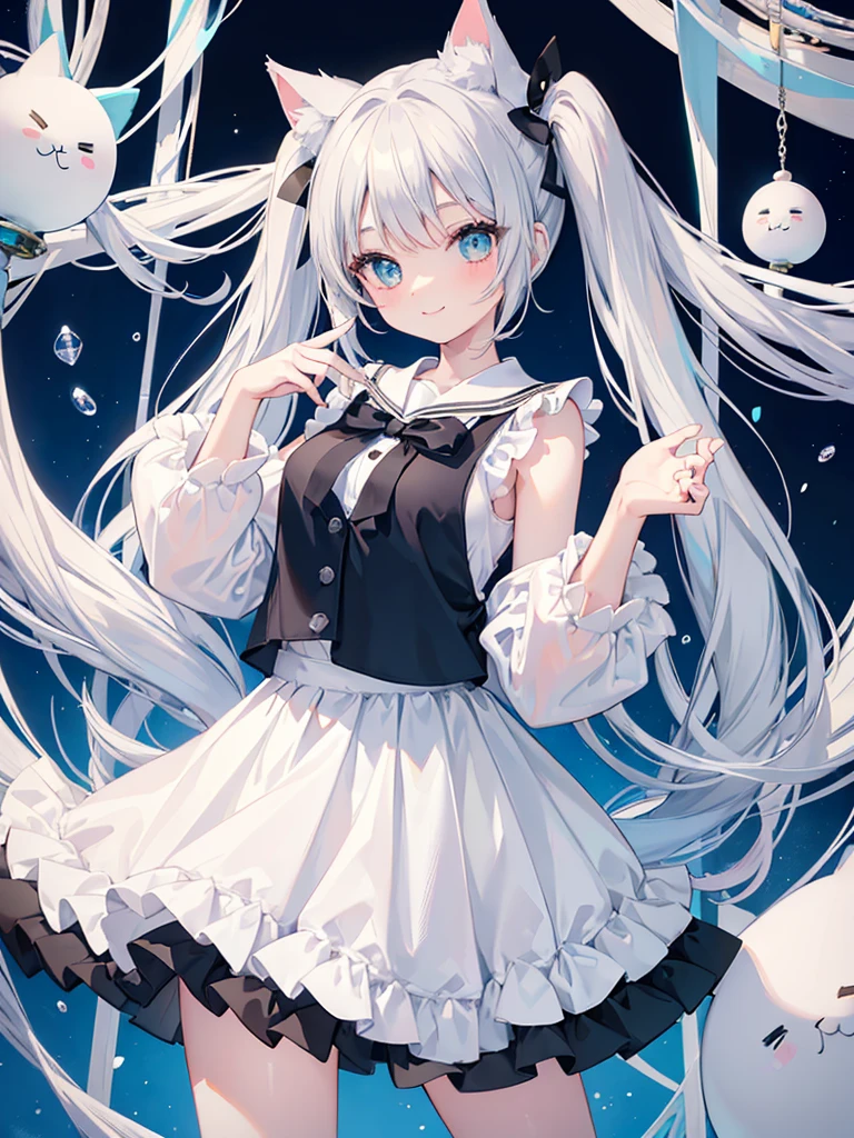 ((masterpiece)) , Aqua Eye, Silver Hair,Twin tails、Beautiful white skin、Cat ear,Black Ribbon, White Sailor Suit、White pleated skirt , Sleeveless, ((Charm))、smile、Perfect proportions、Round Breasts、Single color background