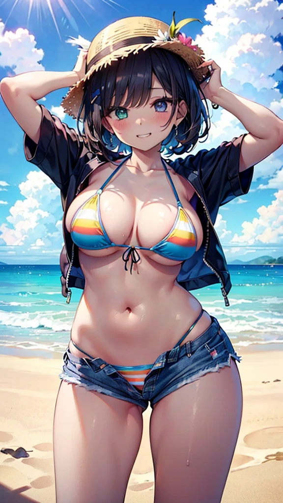 (8K、Highest quality、Highest quality、masterpiece)、Detailed face、One Girl、(Brown Skin:1.2)、Long Hair、Blue Right Eye、Yellow Left Eye、Heterochromia、Grin、(Bikini top Only、BikiniTop、Bikini Top、Denim hot shorts、Open Shorts、Unziped shorts、Mini Shorts、No Panties、NoPanties、Sexy pose、Suggestive pose、Spread pussy under shorts、frontal wedgie、wedgie、Spread vagina under shorts)、labia view、Beach、cloud、vagina、Spread Vagina、spread pussy、Big Breasts、