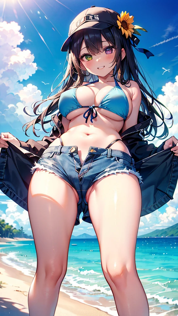 (8K、Highest quality、Highest quality、masterpiece)、Detailed face、One Girl、(Brown Skin:1.2)、Long Hair、Blue Right Eye、Yellow Left Eye、Heterochromia、Grin、(Bikini top Only、BikiniTop、Bikini Top、Denim hot shorts、Open Shorts、Unziped shorts、Mini Shorts、No Panties、NoPanties、Sexy pose、Suggestive pose、Spread pussy under shorts、frontal wedgie、wedgie、Spread vagina under shorts)、labia view、Beach、cloud、vagina、Spread Vagina、spread pussy、Big Breasts、
