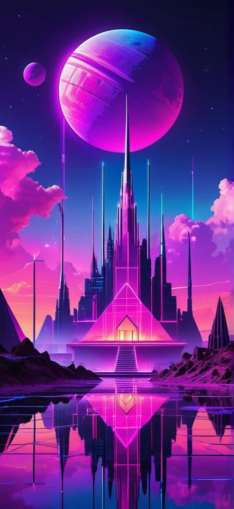 “Create a futuristic, neon-lit landscape with geometric structures and a reflective surface. Include towering spires and pyramids against a vibrant, colorful sky featuring a planet. The scene should have a cyberpunk aesthetic with purple and pink hues, and intricate, glowing patterns.”
