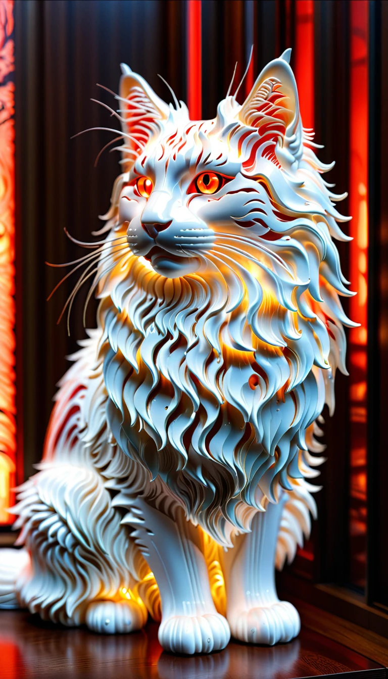 There is no one, realistic photo, realism, norwegian forest cat (Norwegian Forest Cat), future oriented, metal decoration, Shining red light inside, hollow interior, Polish, ray tracing, perfect composition, intricate details, Very sharp, masterpiece, profile, high resolution