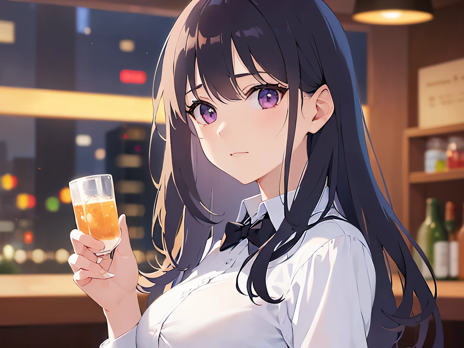 holding a wineglass, side angle, (looking away:1.5), Realistic, real person, (pale skin: 1.2), RAW photo, photorealistic, shiny skin, shiny hair、(A 25-year-old woman with straight hair and bangs) and (medium hair) and (black hair) and (purple eyes) , (white collared shirt)、(smile), (blush:1.3), The background is the interior of a restaurant at night.、Alone