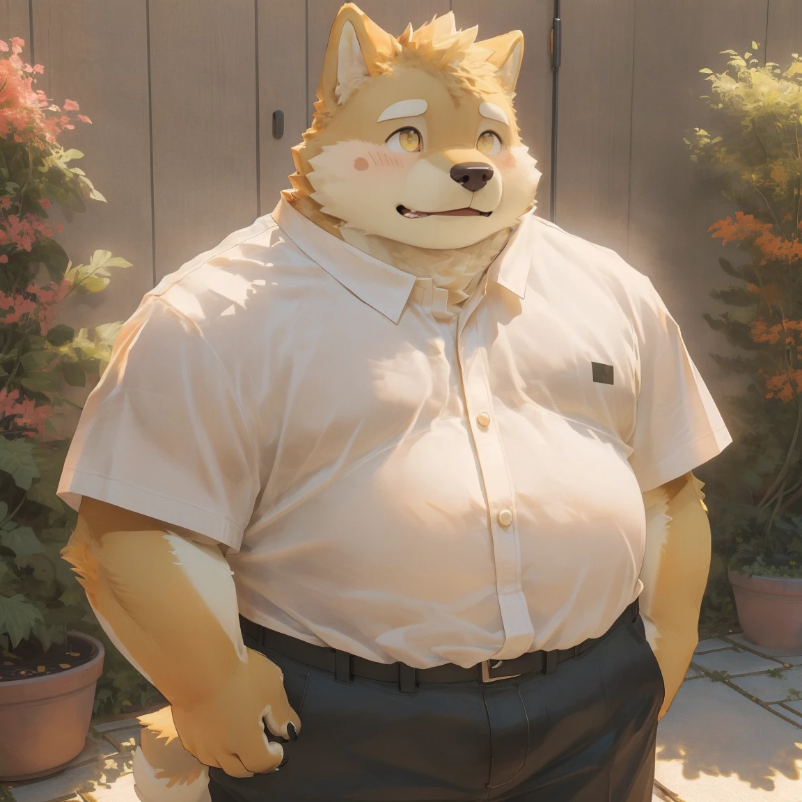 masterpiece, best quality, 8k resolution, Very detailed, hairy，Shiba Inu，(Black hair)，(((golden fur)))，(((Golden Eyes)))，Chubby，Chubby face，(((White shirt)))，(((Loose shirt)))，((Black pants))，Highest quality scene，(((Solitary)))，(((solitary)))，(((Blushing)))，((garden))，(((Sunlight)))，(((Standing)))，(((Round face)))，(((whole body)))，(((Medium shot)))