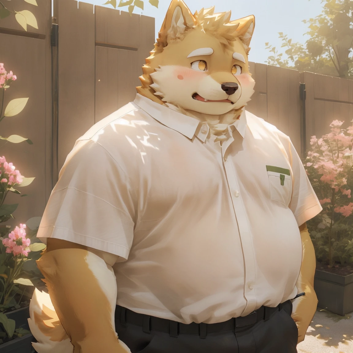 masterpiece, best quality, 8k resolution, Very detailed, hairy,Shiba Inu,(Black hair),(((golden fur))),(((Golden Eyes))),Chubby,Chubby face,(((White shirt))),(((Loose shirt))),((Black pants)),Highest quality scene,(((Solitary))),(((solitary))),(((Blushing))),((garden)),(((Sunlight))),(((Standing))),(((Round face))),(((whole body))),(((Medium shot)))