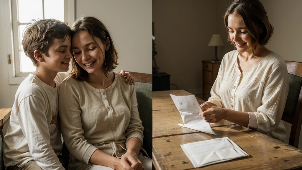 Create a three panel narrative. In the first panel is a hyperdetailed photorealistic macro image of an old woman sleeping in a tattered old chair with her young grandson wearing white pajamas. In the second panel, a beautiful, positive, loving, intense golden light emits from the boy's mouth and envelopes the old woman. In the third panel, we see a smiling old woman trying to stand up.