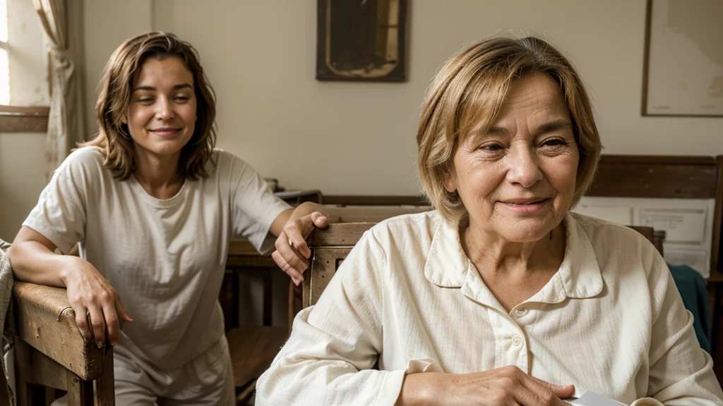 Create a three panel narrative. In the first panel is a hyperdetailed photorealistic macro image of an old woman sleeping in a tattered old chair with her young grandson wearing white pajamas. In the second panel, a beautiful, positive, loving, intense golden light emits from the boy's mouth and envelopes the old woman. In the third panel, we see a smiling old woman trying to stand up.