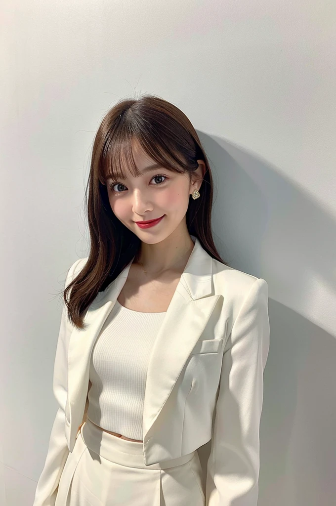 RAW Photos),(Highest quality), (Realistic),(Simple white background:1.2), ,,girl, Upper Body, A face with attention to detail, smile, High waisted pants with a silk blouse and structured blazer, Creates a sophisticated and powerful appearance,

