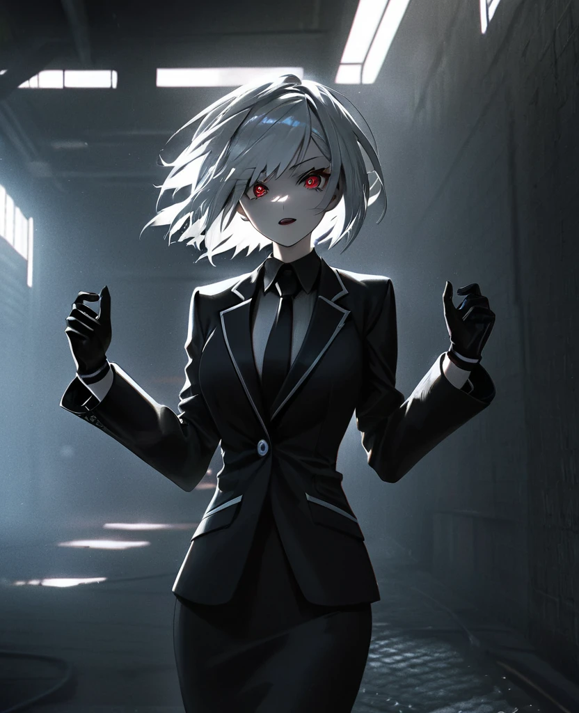 A fierce woman with short white hair, a handicapped arm, sharp fangs, intense expression, wearing a black suit and black gloves, hyper-detailed, masterpiece, photorealistic, 8k, dramatic lighting, dark moody atmosphere, cinematic composition, chiaroscuro, dramatic shadows, intense colors, neon cyberpunk style