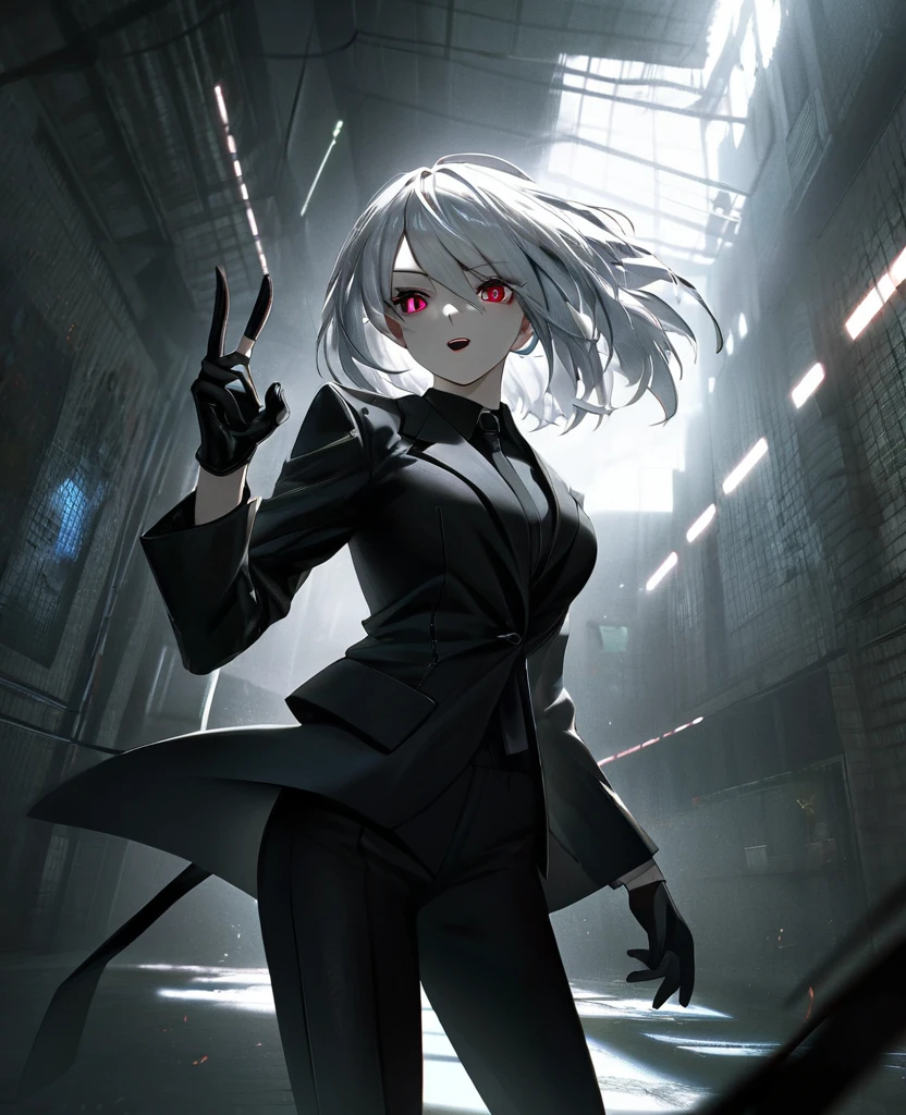 A fierce woman with short white hair, a handicapped arm, sharp fangs, intense expression, wearing a black suit and black gloves, hyper-detailed, masterpiece, photorealistic, 8k, dramatic lighting, dark moody atmosphere, cinematic composition, chiaroscuro, dramatic shadows, intense colors, neon cyberpunk style