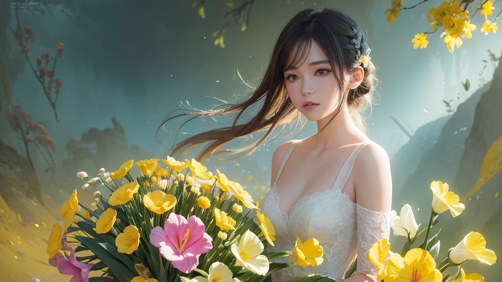 32k, Masterpiece, Highest quality, One girl, Detailed eyes, flower,gladiolus, Yellow and pink style,A dreamy, romantic piece,Pale yellow, Mysterious Leaves,A playful arrangement,Fantasy,High Contrast,Ink strokes,explosion,Exposure, Impression of yellow and white tones,Abstract,((Watercolours by John Berkey and Jeremy Mann )) Brush strokes,Negative Space, Tyndall effect,