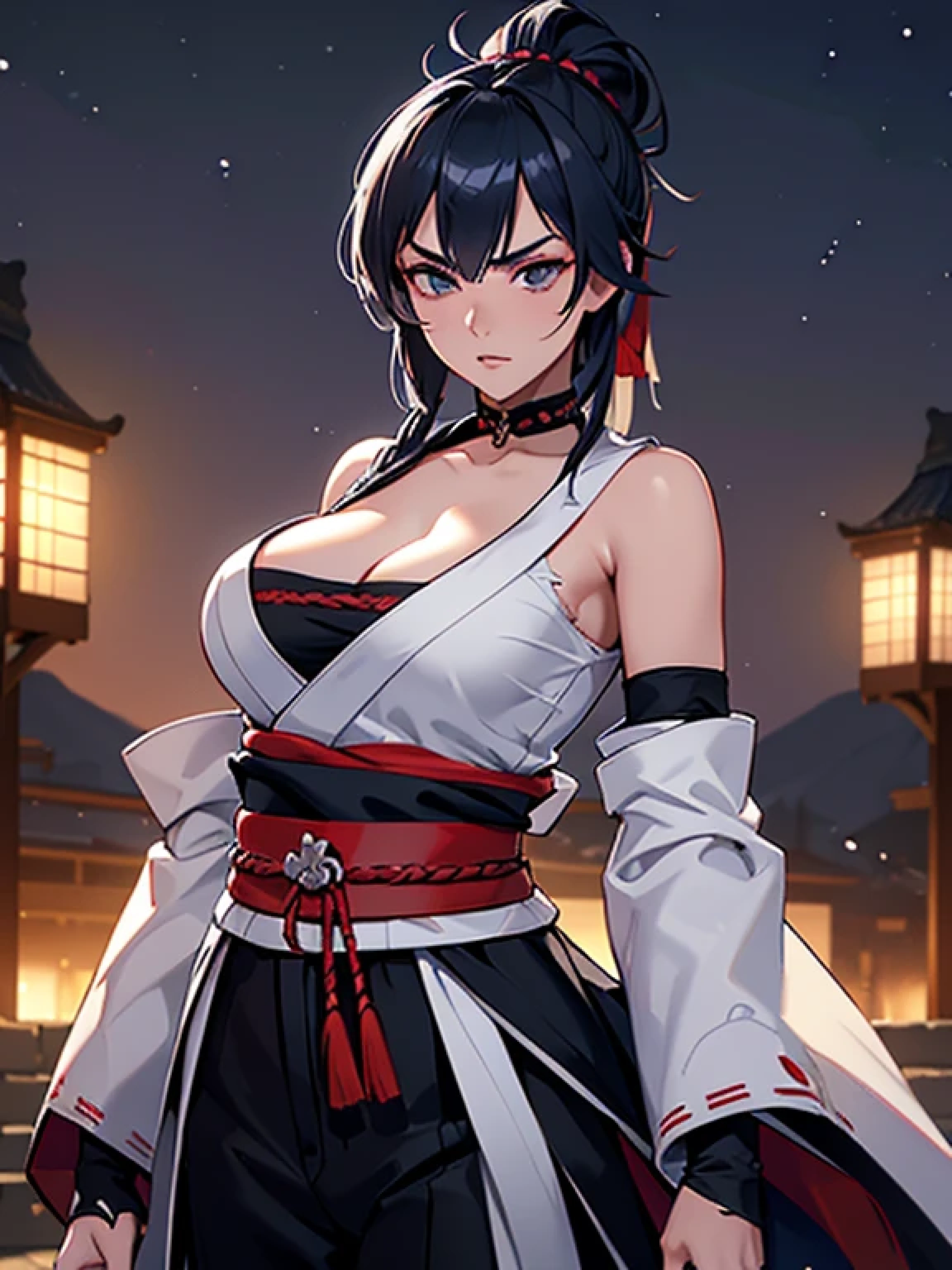 a female samurai, beautiful detailed eyes, beautiful detailed lips, extremely detailed face, long eyelashes,hyper realistic lighting,(super detailed:1.3),((best quality:1.2)),((masterpiece:1.2)),female focus,lonely beauty,(nighttime:1.6),(standing in a medieval europe castletown),cowboy shot,cleavage,((chest sarashi:1.125)),topknot,muted dark blue hair,white samurai coat,(black samurai pants:1.3),(angry:1.1),(wearring one sleeve),(ripped sleeve:1.4)