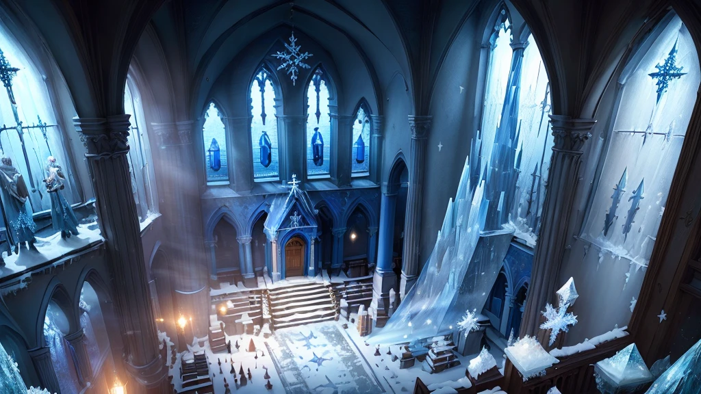 (((Different world interior scene,Frozen Church,Rooftop blue flag))),(Spiral staircase,Statue of the Goddess),shrine,beauty,Spectacular,majesty,luxurious,Ice cubes,Crystal clear,Glass,transparent,Light,warmth,