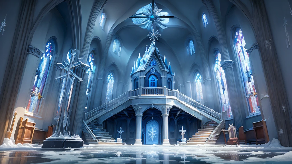 (((Different world interior scene,Frozen Church,Rooftop blue flag))),(Spiral staircase,Statue of the Goddess),shrine,beauty,Spectacular,majesty,luxurious,Ice cubes,Crystal clear,Glass,transparent,Light,warmth,