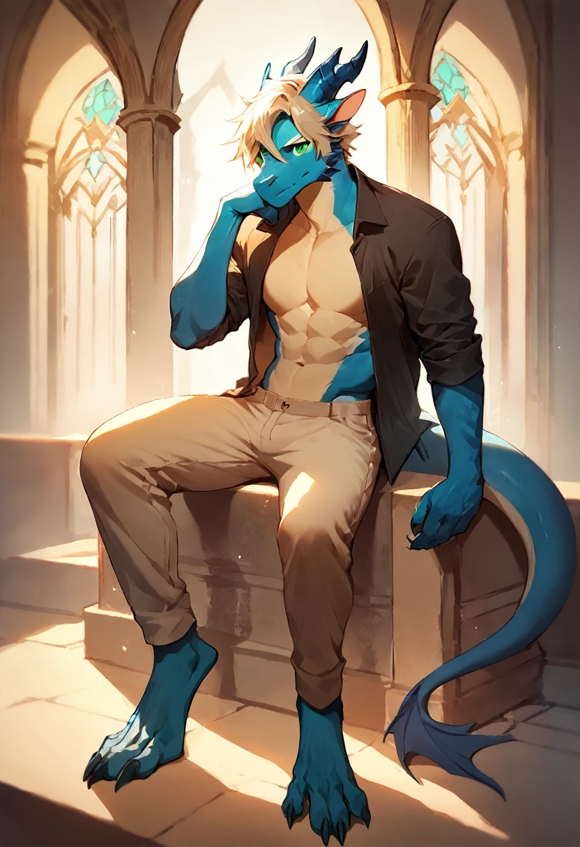 score_9, score_8_up, score_7_up, score_6_up, score_5_up, score_4_up, (solo), male anthro blue dragon, solo, castle, sitting, light blond hair, green eyes, long length noble fringe hairstyle, athletic, pants