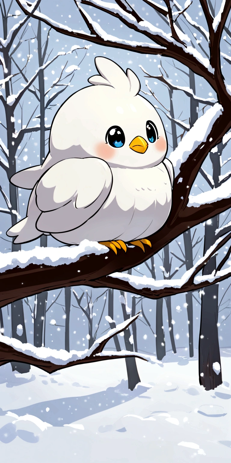 tween girl in white baby-bird kigurumi,there is a small white bird sitting on a branch, birb, kitty-bird hybrid, sentient bird, cute little creature, cute creature, anthropomorphic bird,Long-tailed-Tit, sparkling bird eyes, on a branch, the cutest creature in the world, cute animal, perched in a tree,winter,(snow:1.2),