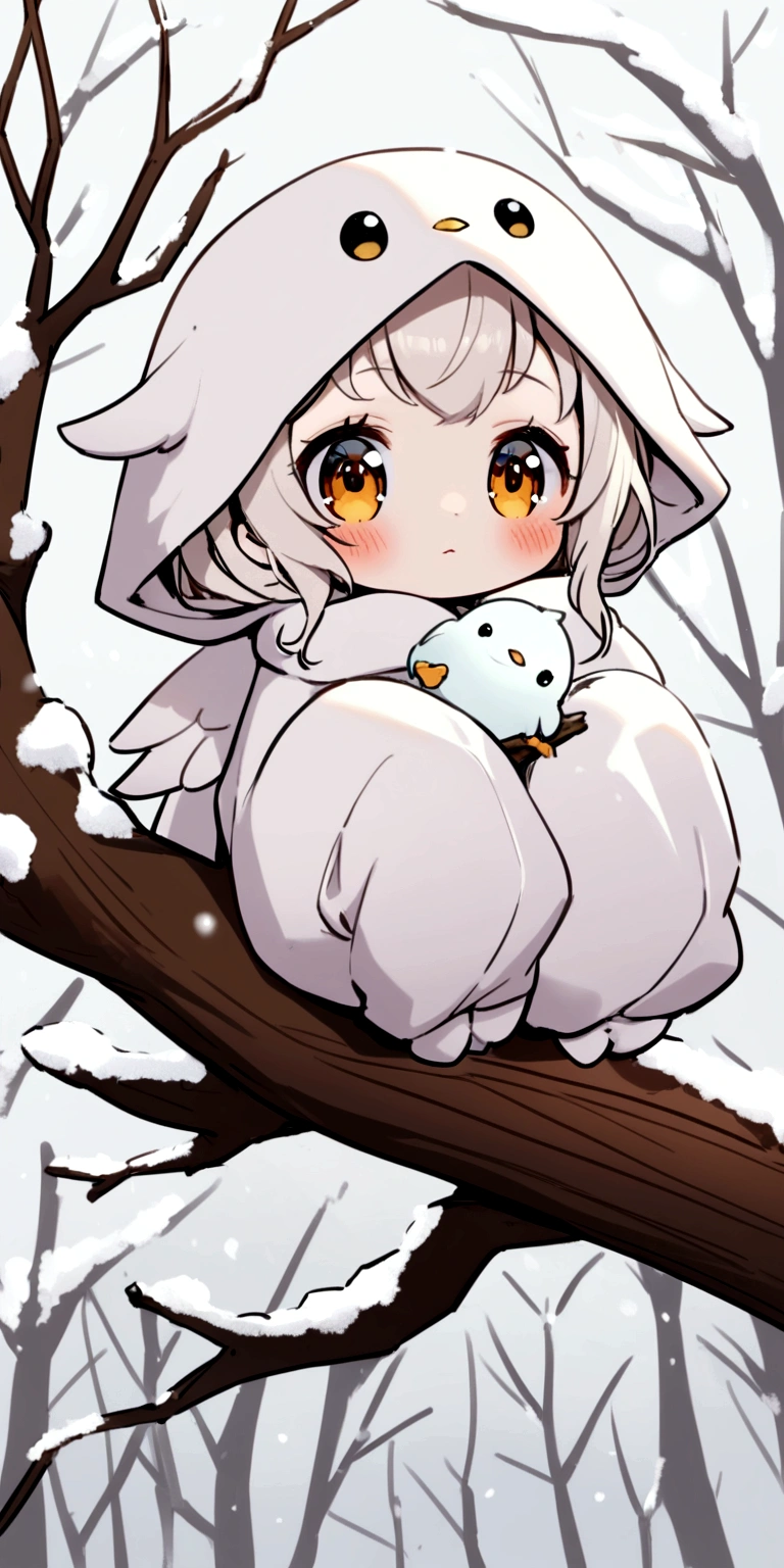 tween girl in white baby-bird kigurumi,there is a small white bird sitting on a branch, birb, kitty-bird hybrid, sentient bird, cute little creature, cute creature, anthropomorphic bird,Long-tailed-Tit, sparkling bird eyes, on a branch, the cutest creature in the world, cute animal, perched in a tree,winter,(snow:1.2),