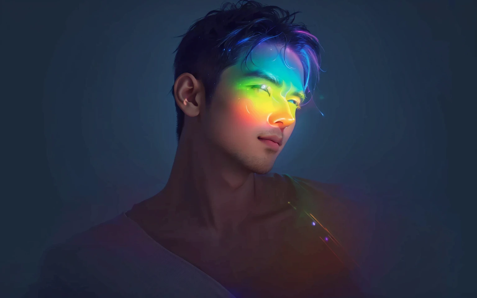 Arav image of a man with rainbow light on his face, Glowing rainbow face, Portrait of an Asian boy, Glowing with color, He radiates light, Radiant face, Colorful light, glowwave, The face is illuminated, Glossy Digital, Vibrant numbers, Colorful numbers,look up,Profile