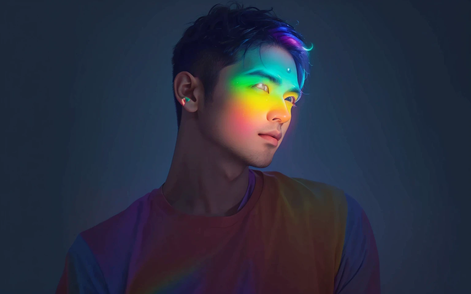 Arav image of a man with rainbow light on his face, Glowing rainbow face, Portrait of an Asian boy, Glowing with color, He radiates light, Radiant face, Colorful light, glowwave, The face is illuminated, Glossy Digital, Vibrant numbers, Colorful numbers,look up,Profile