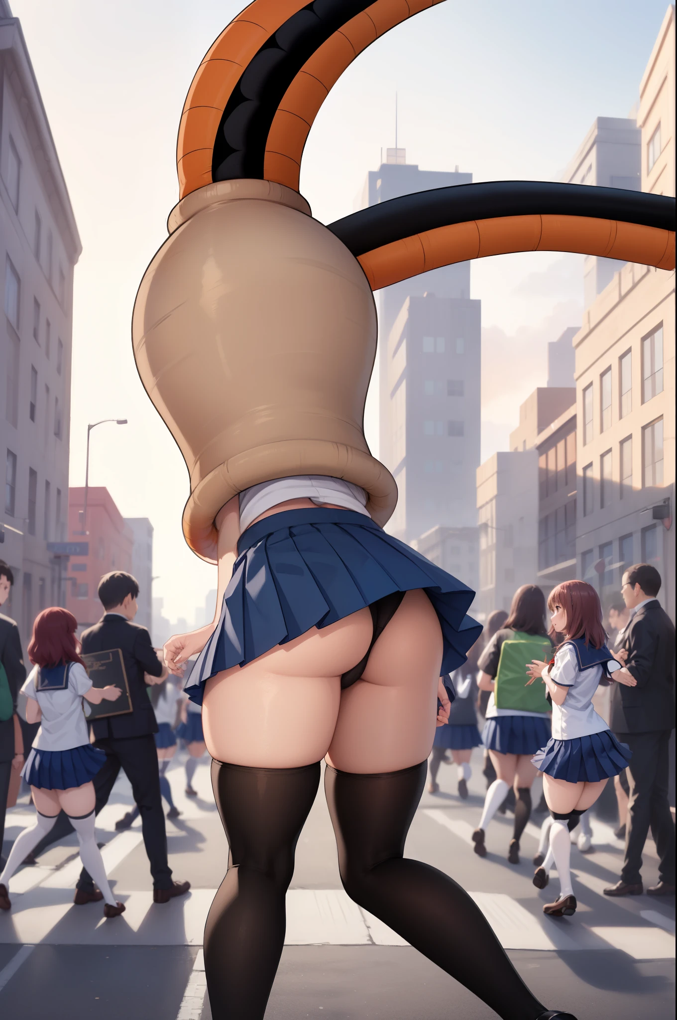 1girl, natural lighting, masterpiece, highly detailed, realistic, 8k resolution, high quality, aichan, city, pleated miniskirt, (lace panties:0.8), narrow waist, (cell vore), (tail vore:1.3), struggling, ass view, thigh highs, (schoolgirl crowd)