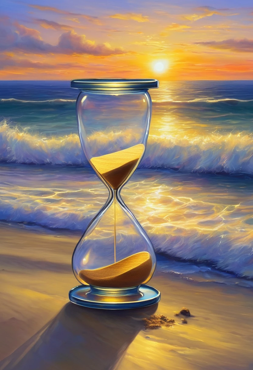 An oil painting,sunrise,Ocean,horizon,peaceful,Hourglass on the beach