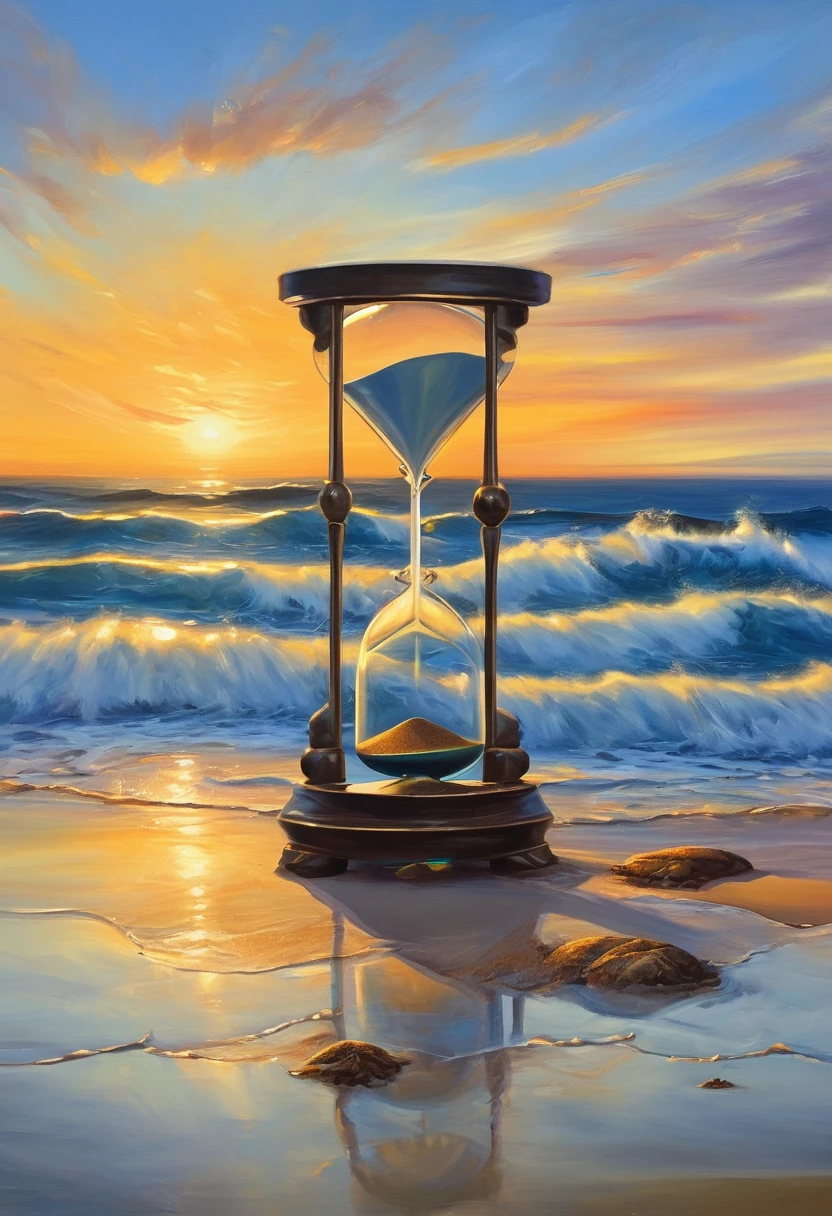 An oil painting，sunrise，Ocean，horizon，peaceful，Hourglass on the beach