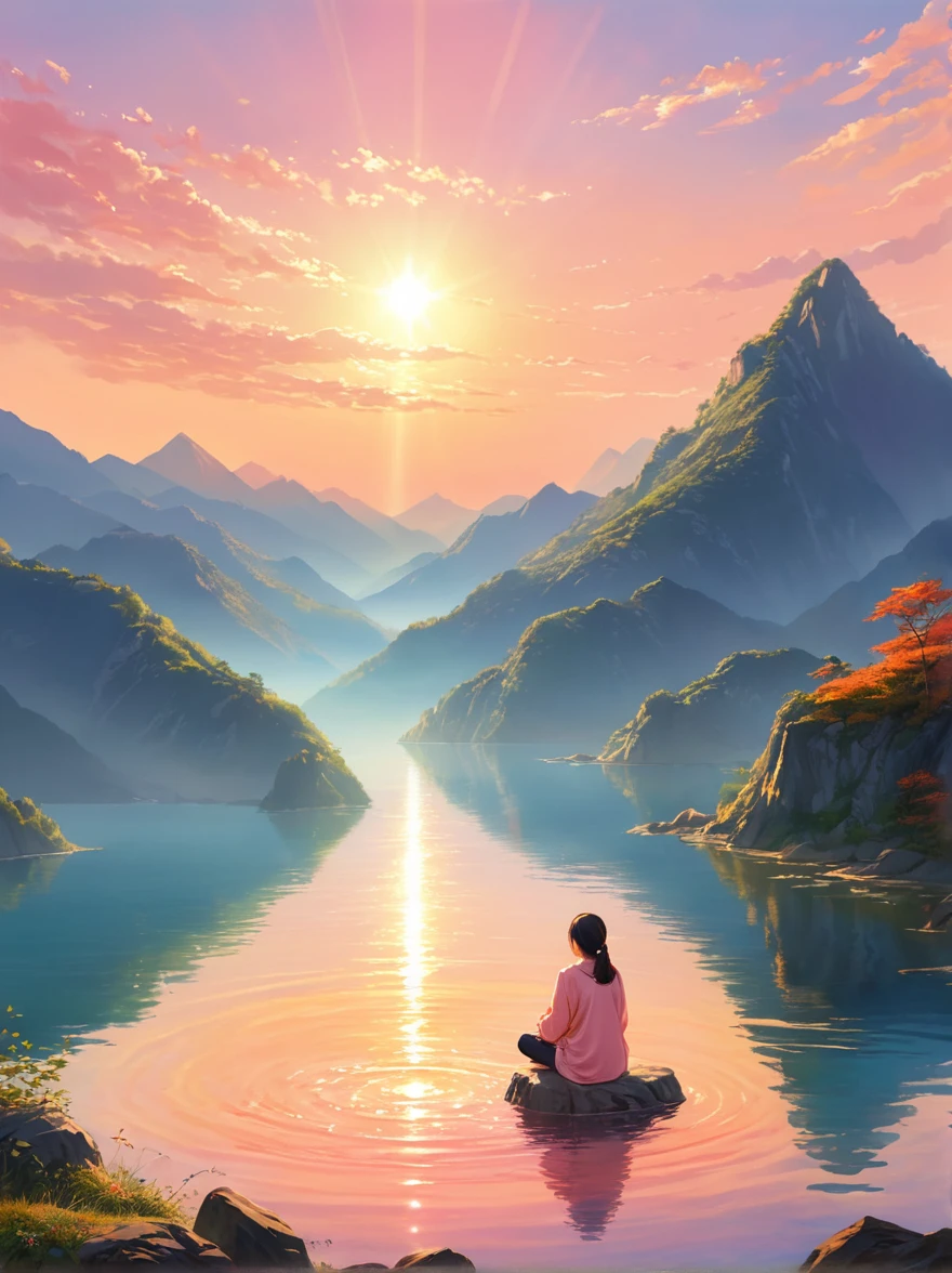 Imagine a peaceful and tranquil morning scene。On the mountain top，Surrounded by calm waters，A person bathing in the first rays of sunlight at dawn。The sun rises over the horizon，Warm light shines on the water，Make the sky appear orange and pink，Let the water surface also shine with the same light。This person is sitting，Looking at the sparkling water，The sun shining in the distance marks the beginning of a new day full of hope。