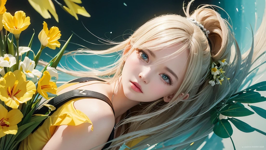 32k, Masterpiece, Highest quality, One girl, Detailed eyes, flower,gladiolus, Yellow and pink style,A dreamy, romantic piece,Pale yellow, Mysterious Leaves,A playful arrangement,Fantasy,High Contrast,Ink strokes,explosion,Exposure, Impression of yellow and white tones,Abstract,((Watercolours by John Berkey and Jeremy Mann )) Brush strokes,Negative Space, Tyndall effect,
