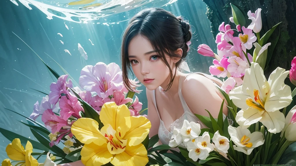 32k, Masterpiece, Highest quality, One girl, Detailed eyes, flower,gladiolus, Yellow and pink style,A dreamy, romantic piece,Pale yellow, Mysterious Leaves,A playful arrangement,Fantasy,High Contrast,Ink strokes,explosion,Exposure, Impression of yellow and white tones,Abstract,((Watercolours by John Berkey and Jeremy Mann )) Brush strokes,Negative Space, Tyndall effect,