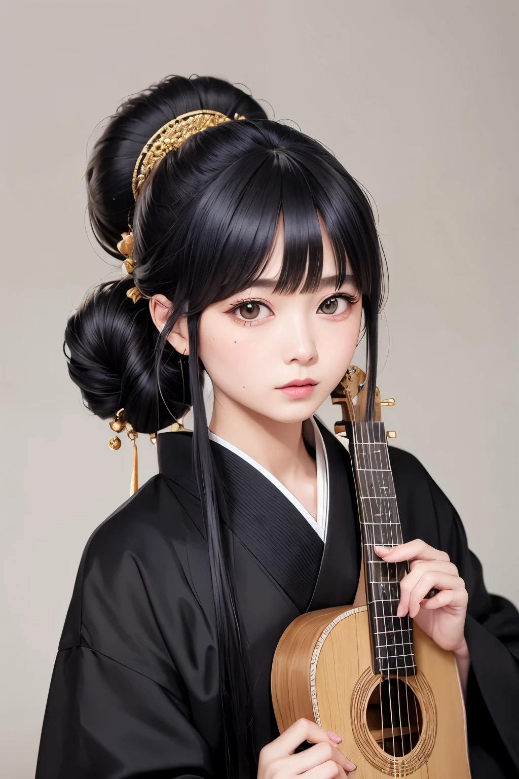 British 18th century wig、Updo、Tie your hair up on top of your head、Shamisen、Square guitar、Shamisenを持つ、Mourning clothes、Black clothes、30-year-old woman、Hair Extensions、日本のOiran hairstyle、Oiran hairstyle、Oiran's Hair、Shamisen、White skin、Red eyeshadow、両目の目尻にRed eyeshadow、Bright red lipstick、Pure white skin、smoke tube、I have a pipe、Black kimono、Golden Kanzashi、Black kimono、Hair tied up on top of the head and on both sides of the head、best quality, masterpiece, photorealistic ,1girl, smiling eyes, ulzzang, brown hair, black eyes, 18 years old, beautiful woman, actress, (photorealistic:1.4), 1girl, smiling eyes, (ulzzang-6500-v1.1:1.0),
