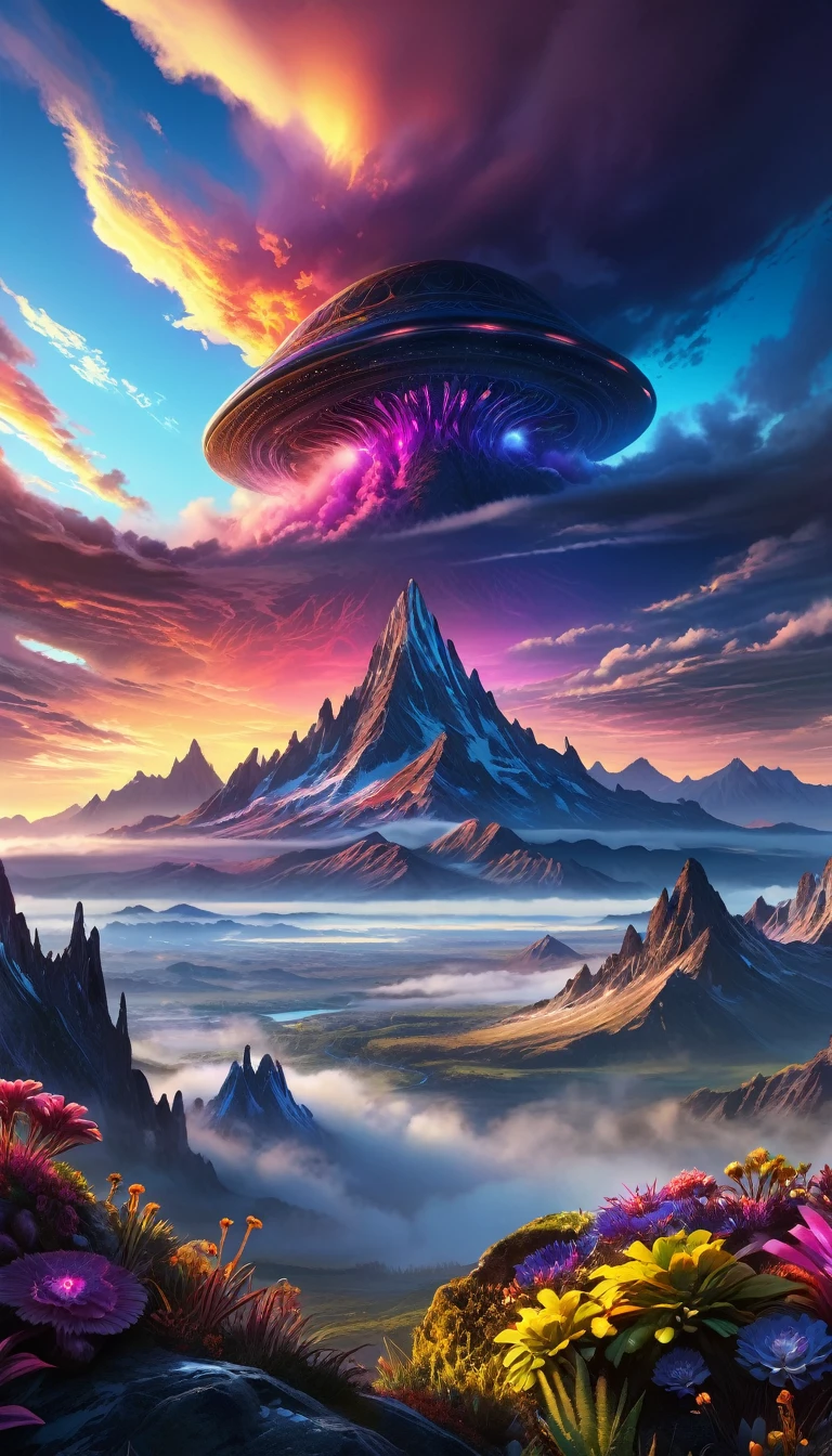 high quality, 8k, hyperrealistic, cinematic lighting, stunning 4k, ultra-detailed, photorealistic, digital painting, dramatic lighting, alien landscape, beautiful sunrise sky, glowing clouds, towering alien mountains, mysterious alien flora, otherworldly terrain, dramatic shadows, vibrant colors, volumetric fog, awe-inspiring scale, intricate details, hyper-detailed, stunning realism