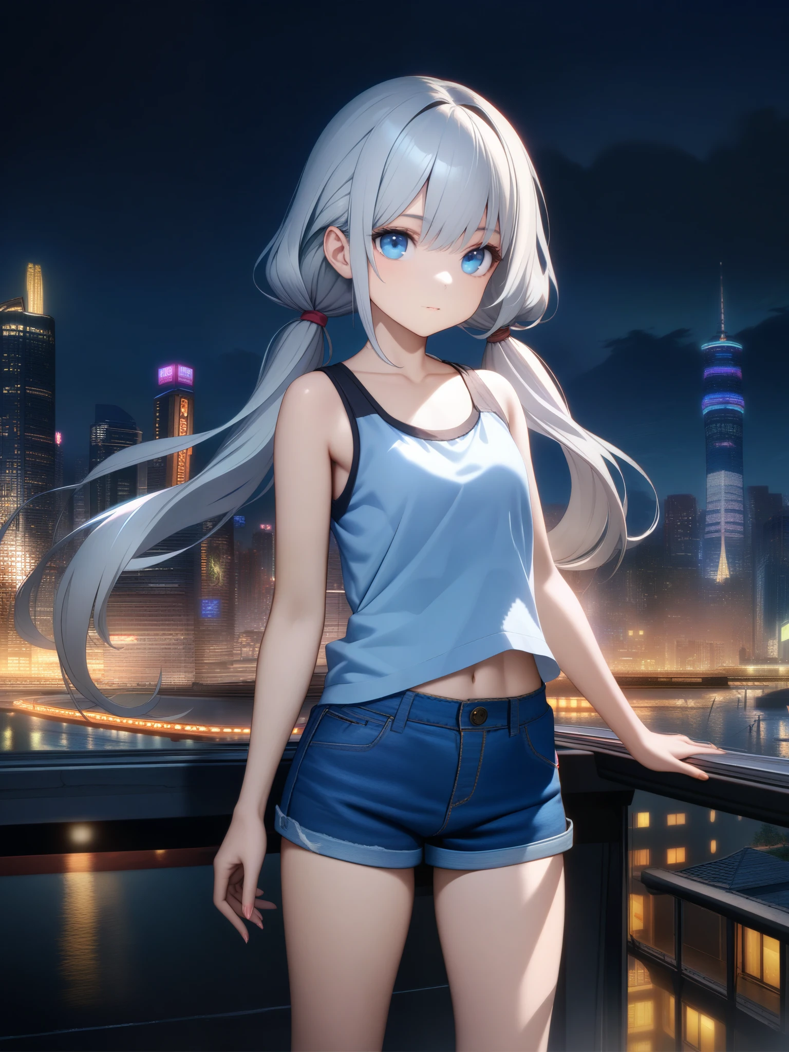 32k, best quality, ultra high res, HDR, UHD, extremely detailed CG, unity 32k wallpaper, from the front side, Beautiful city background, Night, cute ???, Beautiful blue eyes, Ideal ratio body proportions, Tank top, Jeans shorts, Silver hair, Long hair,Twin-tailed,