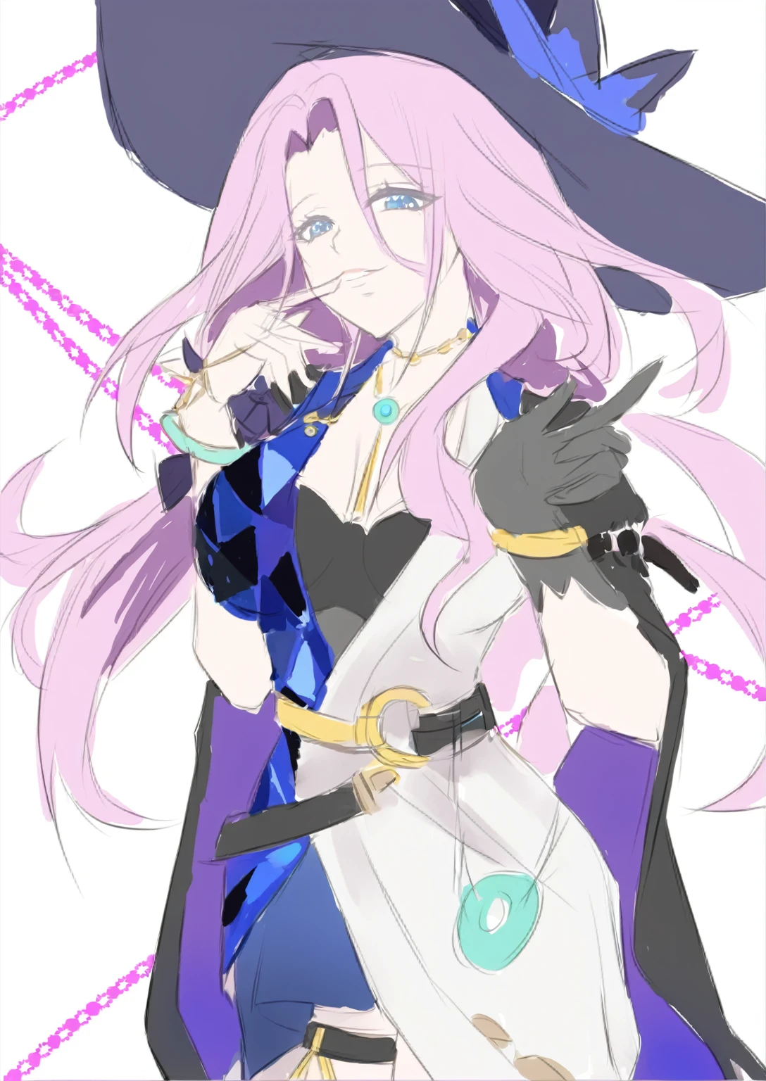 anime sexy woman with pink hair and a black hat and gloves, /!\ the sorceress, human :: sorceress, alchemist girl, black magician girl, haruno sakura, zerochan art, marin kitagawa fanart, pretty sorceress, zerochan, female mage!, mechanized witch woman, witch girl, a beautiful sorceress, dark witch character
