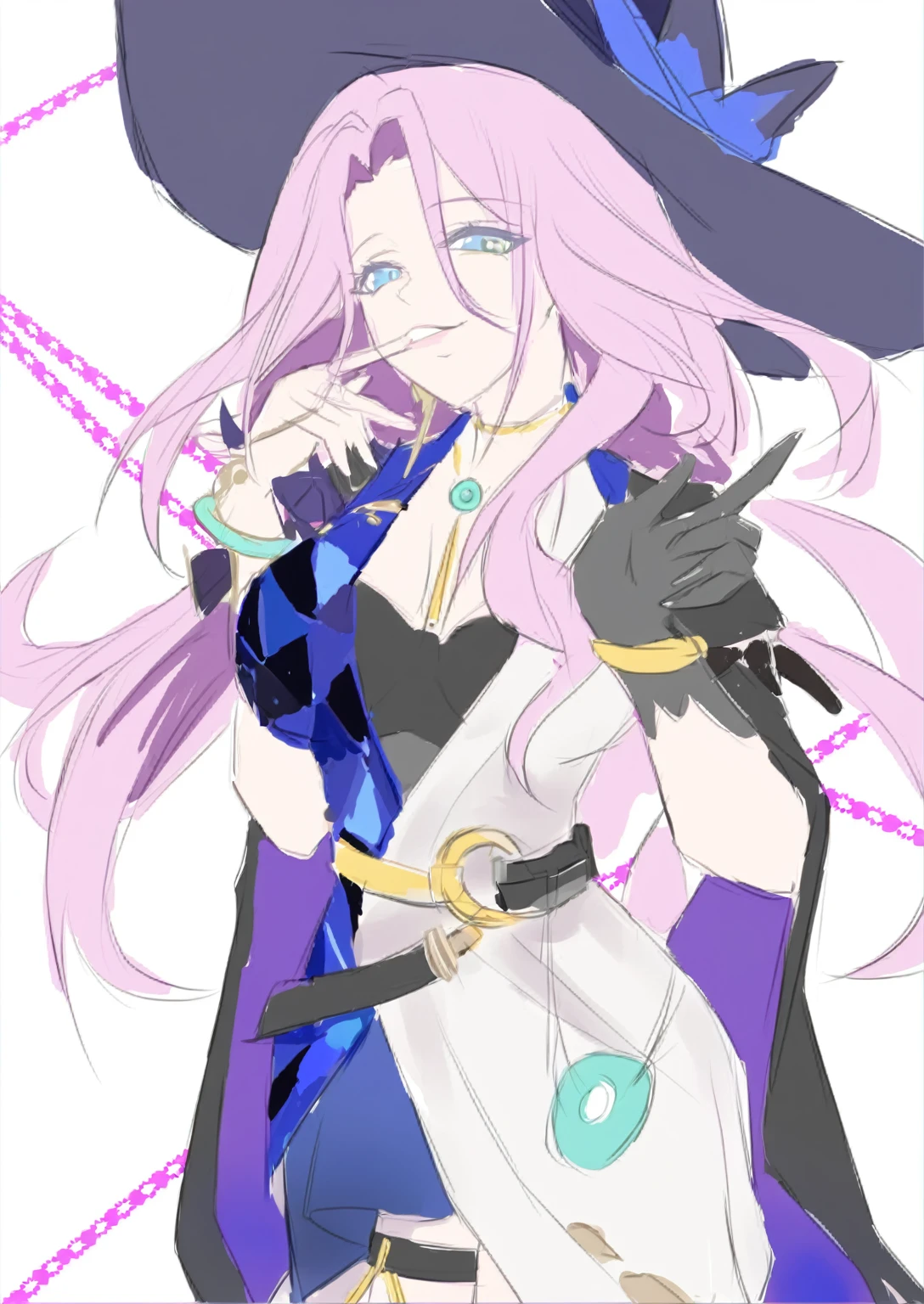 anime sexy woman with pink hair and a black hat and gloves, /!\ the sorceress, human :: sorceress, alchemist girl, black magician girl, haruno sakura, zerochan art, marin kitagawa fanart, pretty sorceress, zerochan, female mage!, mechanized witch woman, witch girl, a beautiful sorceress, dark witch character
