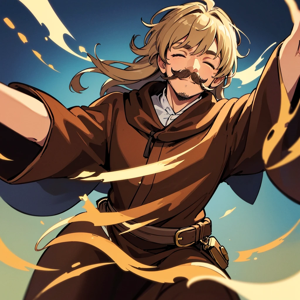 ((((Solo))))、Highest quality, Best Quality,Best illustrations、middle ages、(((Simple brown robe)))、(40-year-old uncle、mature、Kaiser moustache)、(Close your eyes、Close your eyes、smile)、dance