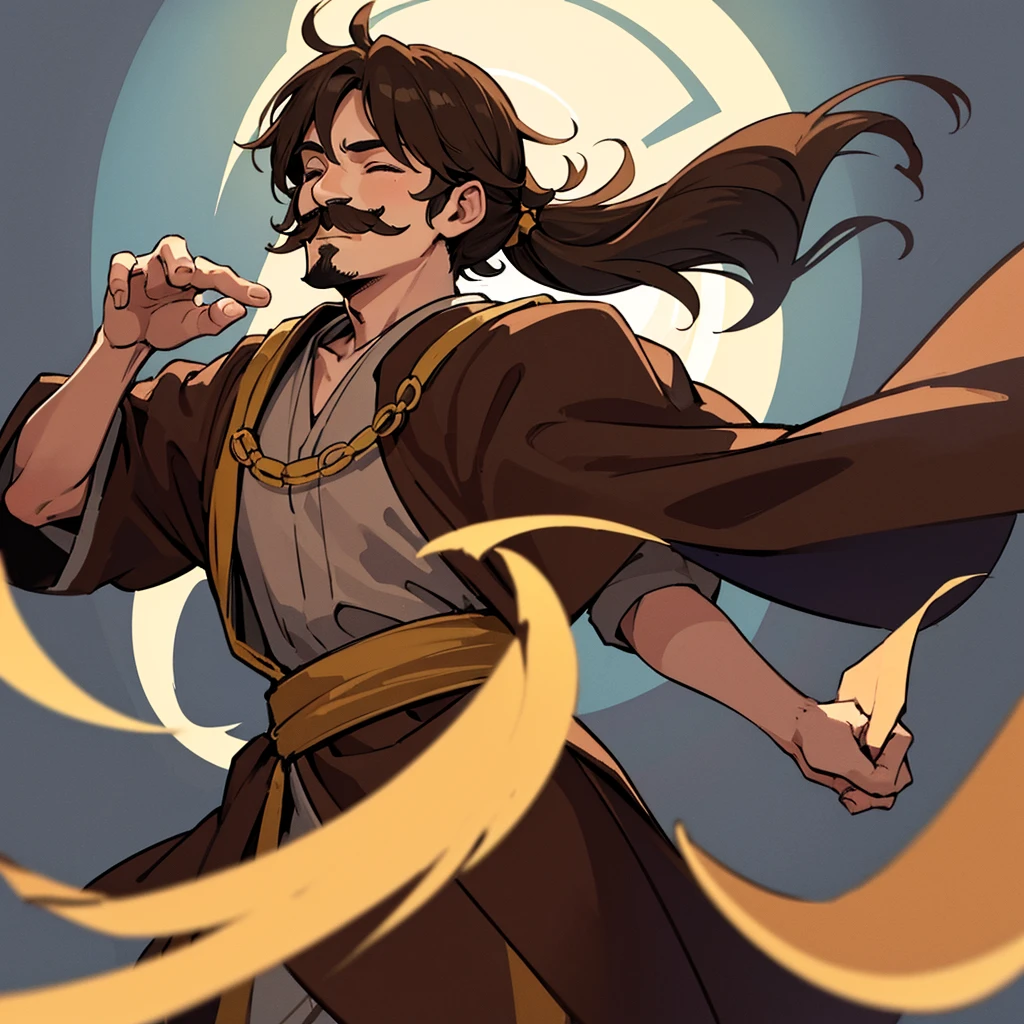 ((((Solo))))、Highest quality, Best Quality,Best illustrations、middle ages、(((Simple brown robe)))、(40-year-old uncle、mature、Kaiser moustache)、(Close your eyes、Close your eyes、smile)、dance