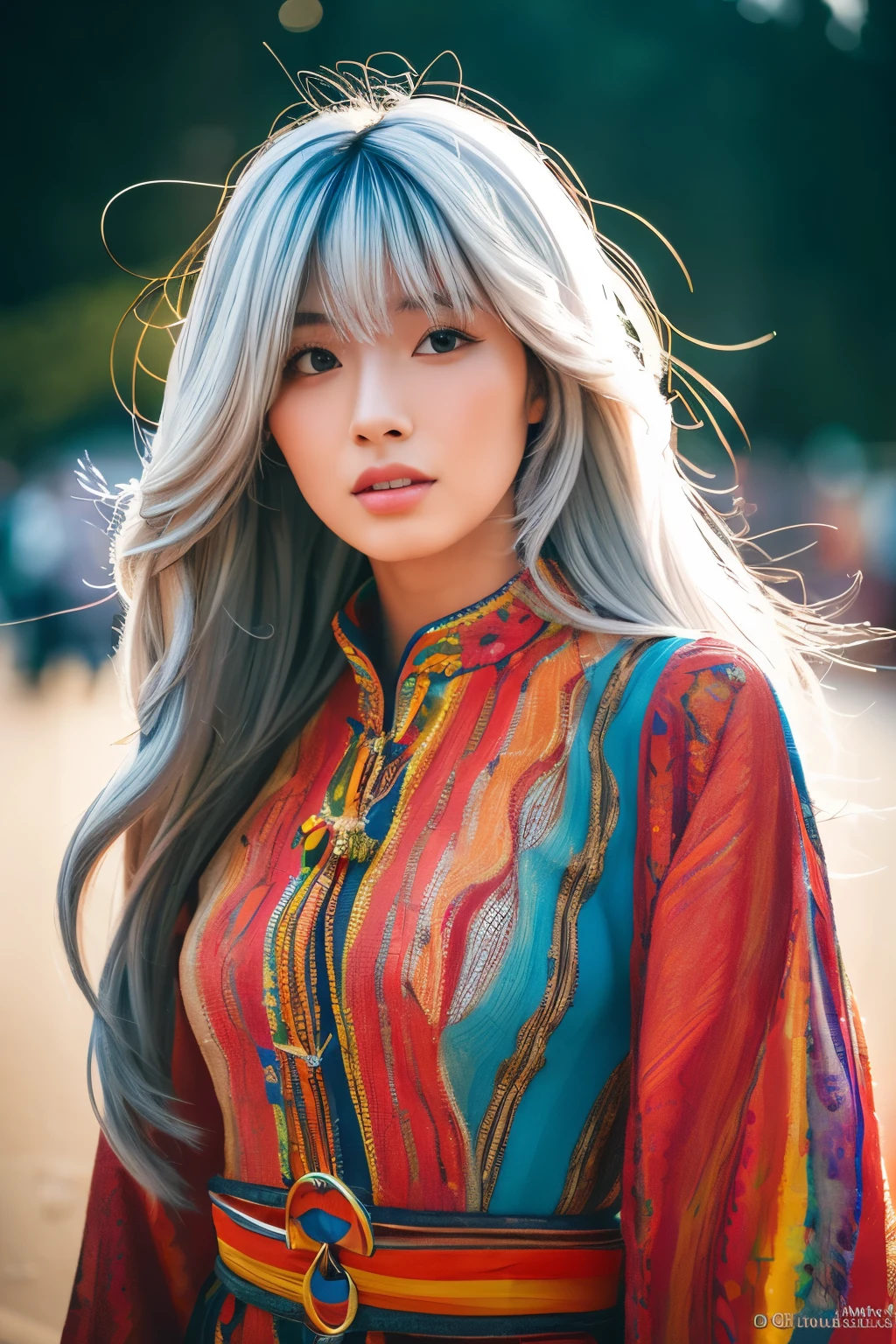 Masterpiece, high quality, high resolution, 8K, (solo:1.2), ((1girl)), Japanese woman, detailed face, detailed eyes, correct body structure, upper body, ((White hair:1.2)), very long hair, messy hair, slender body, seductive silhouette, luminous bones, depth of field, dark photo at nighttime, dimly lit, bangs, Cinematic Lighting, Tyndall effect, abstract background, futuristic outfits, vibrant colors, modern style, wide sleeves, artistic, unique patterns, colorful, stylish, trendy