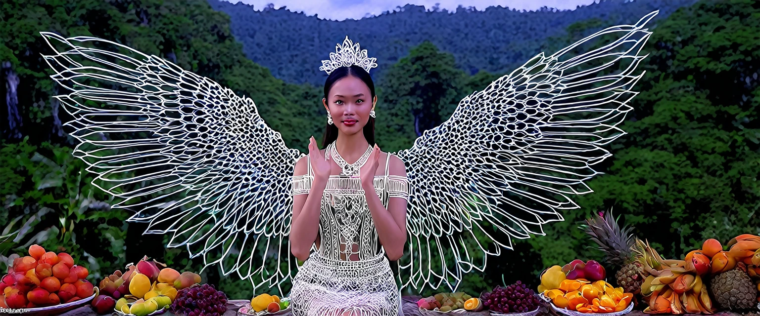 Photp of A 3D text saying "AI Video Generator TH", (((Masterpiece 1.2))) ((Perfect face)) a beautiful Thai-Russian woman with intricated wings, making a welcome gesture face, in a respectful Thai greeting pose (wai), standing next to a big various fruits, with a view of a Himapan Mystical forest in the background. take by a 800mm lens of the Sony A90, in the style of Francisco Jose De Goya, Fantasy Style , --ar 7:3 --v 6.0 --s 250 --style raw