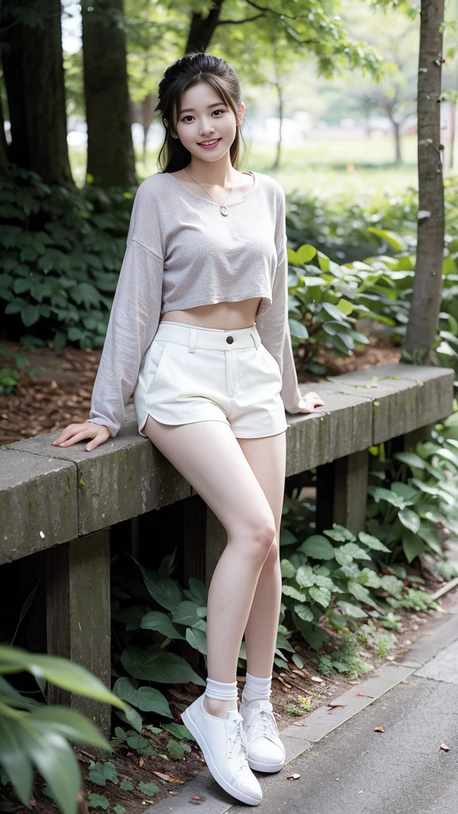 masterpiece, best quality, Surreal, Ultra Detailed, 8k resolution, RAW photos, Clear focus, (A girl in the forest),Asian woman in a blue top and white shorts posing for a photo,Breast augmentation, Full body posture, Solitary, Perfect body, Become a, 32 inches in the chest,(a charming smile:1), (sexy pose),26 years old, light,White shoes,Nozomi Takemura, Oka Yasumoto, Chiho, Ogata Aoi, Motto Cave, Yoshitomo Nara, Kakinuchi Megumi, Harumi, Kojima De Ami, Beichuan Marin