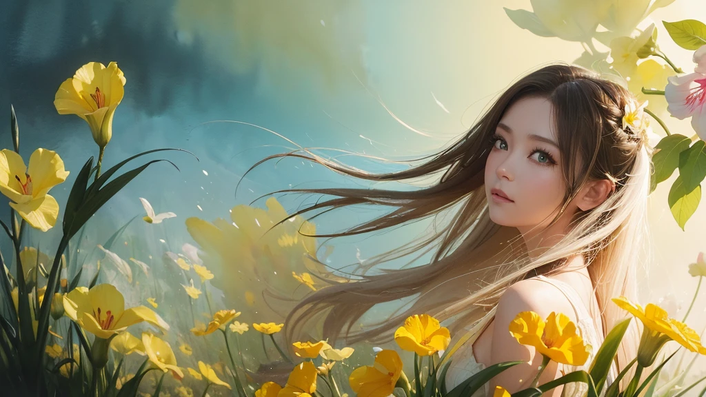 32k, Masterpiece, Highest quality, One girl, Detailed eyes, flower,gladiolus, Yellow and pink style,A dreamy, romantic piece,Pale yellow, Mysterious Leaves,A playful arrangement,Fantasy,High Contrast,Ink strokes,explosion,Exposure, Impression of yellow and white tones,Abstract,((Watercolours by John Berkey and Jeremy Mann )) Brush strokes,Negative Space, Tyndall effect,