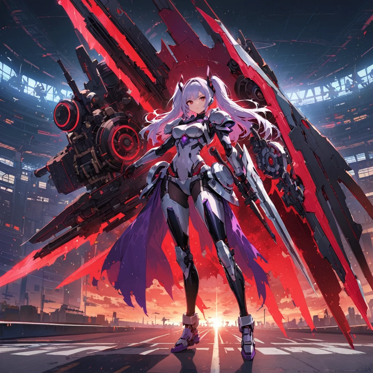 Very detailed explanation、Highly detailed and realistic、masterpiece、8hair、Bright colors、髪と顔だhairが特徴の女の子、Chrome-plated machine body with attention to detail、Ball joint arm、(Abdominal rotary power unit、Rotating blade power unit that emits red light)、Purple and silver breastplate and shoulder pads、Dark Mechanical Legs、腹部の電源からの光だhairが明るく光る.、A dark heroine standing in the dark night、Body points々The little light is on、Unlit airport runway