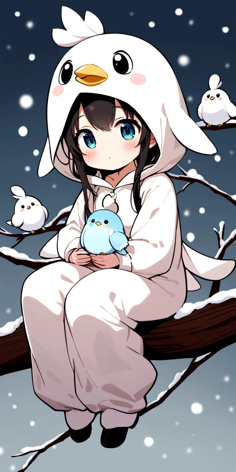 tween girl in white baby-bird kigurumi,there is a small white bird sitting on a branch, birb, kitty-bird hybrid, sentient bird, cute little creature, cute creature, anthropomorphic bird,Long-tailed-Tit, sparkling bird eyes, on a branch, the cutest creature in the world, cute animal, perched in a tree,winter,(snow:1.2),