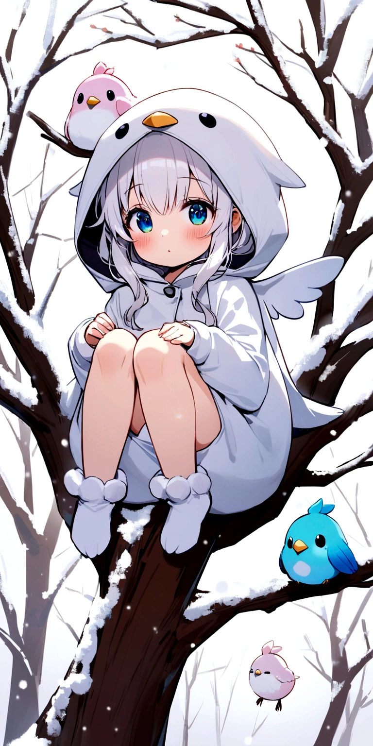 tween girl in white baby-bird kigurumi,there is a small white bird sitting on a branch, birb, kitty-bird hybrid, sentient bird, cute little creature, cute creature, anthropomorphic bird,Long-tailed-Tit, sparkling bird eyes, on a branch, the cutest creature in the world, cute animal, perched in a tree,winter,(snow:1.2),
