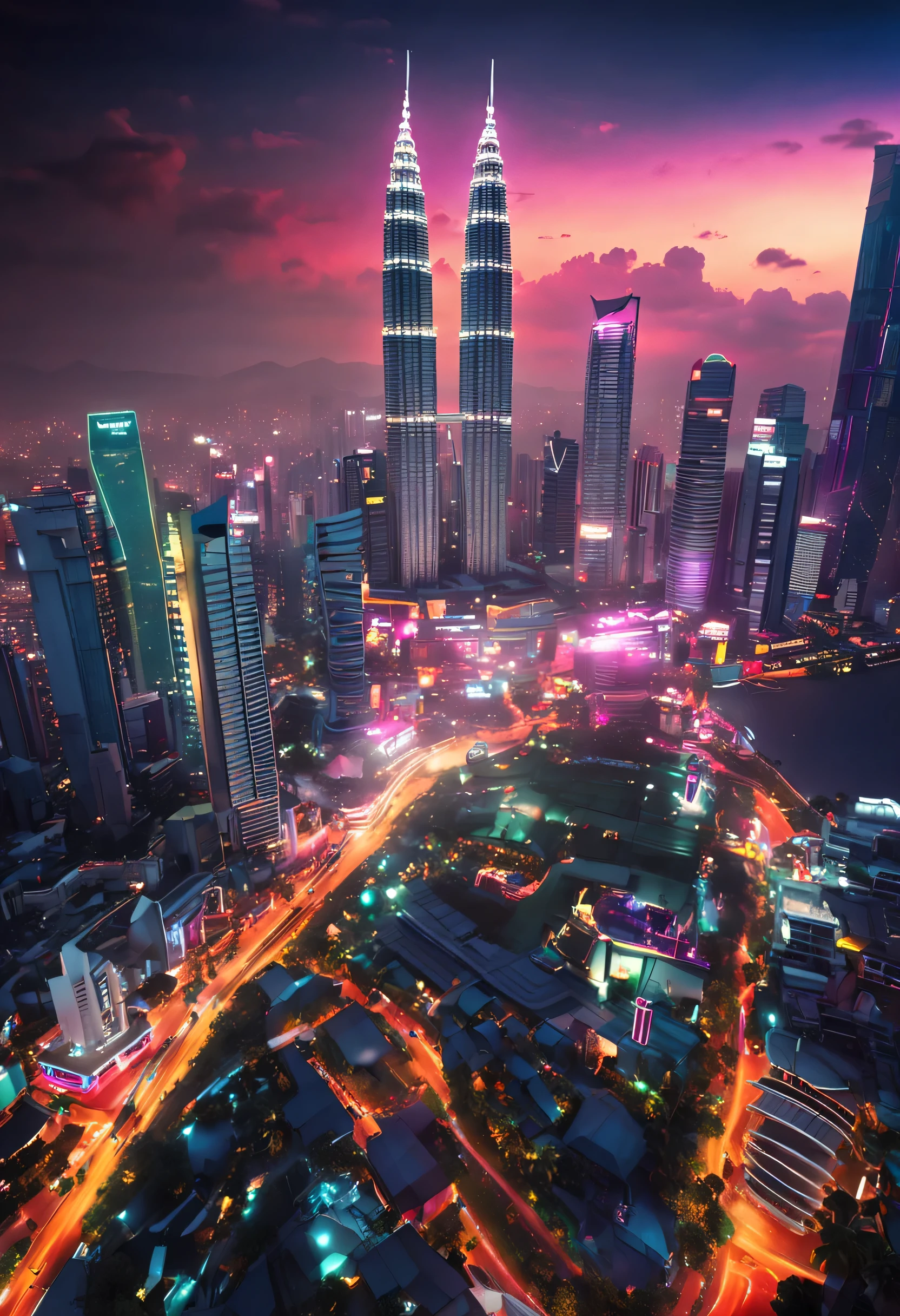 "Futuristic cityscape with skyscrapers, Neon, The bustling streets of a Malaysian metropolis."