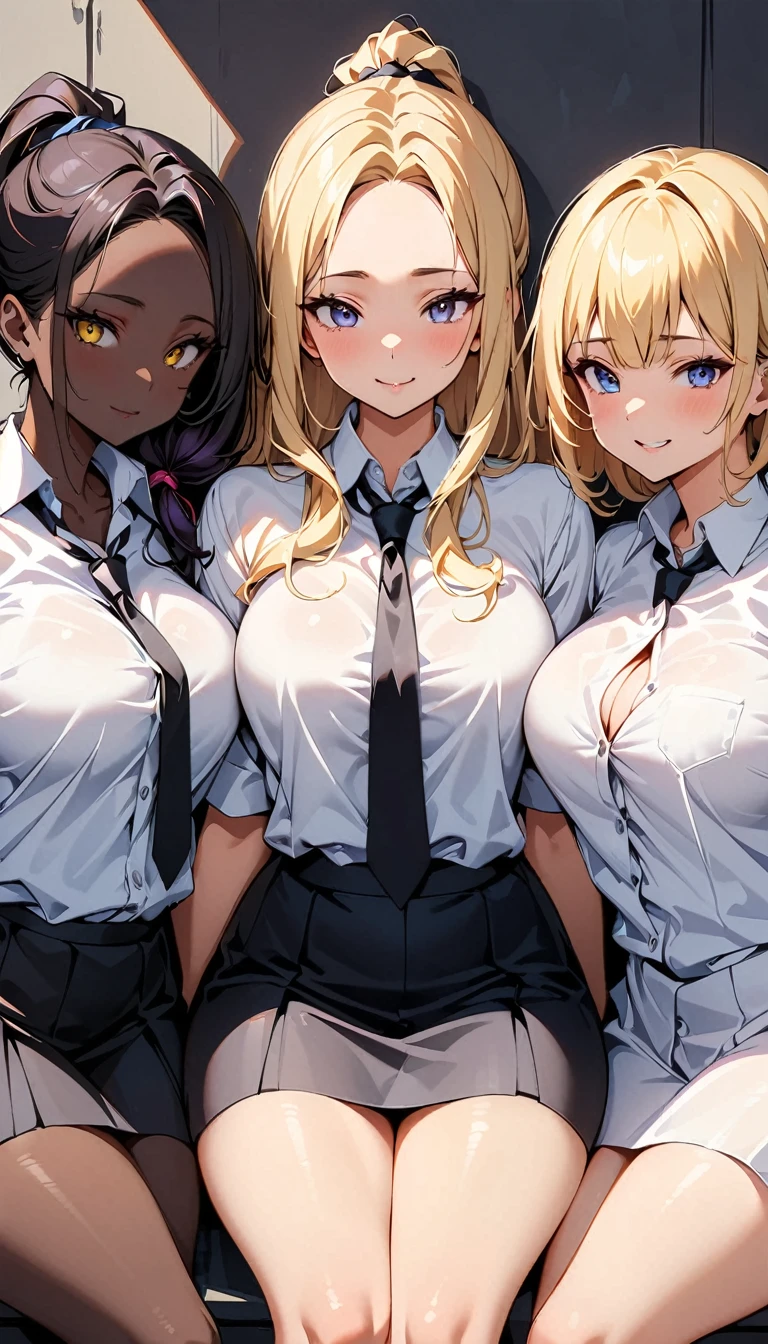 (high quality, 8k, 4K, high contrast, artwork:1.2, high quality, best aesthetics), ((3 woman)), (3 different characters), [first character: (almost pale white skin), (dark purple hair tied in a ponytail), (dark purple eyes), (black lipstick), (calm facial expression), (medium breasts), (wide thighs), (mature body), (white dress shirt, black tie and short black skirt)], [second character: (brown black skin), (loose wavy long red hair), (yellow eyes), (funny facial expression), (medium breasts), (wide thighs), (white dress shirt, black tie, short black skirt), (without lipstick)], [third character: (long, straight blonde hair), (blue eyes), (calm and gentle facial expression), (large breasts), (wide thighs), (white dress shirt, black tie, short black skirt), 3 women sideways to each other looking at the viewer, empty classroom background, sexy, sensual bodies, mature body, cleavage.