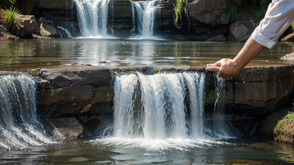 Create an image of a bible where water is flowing from. Add an open hand beneath the flowing water