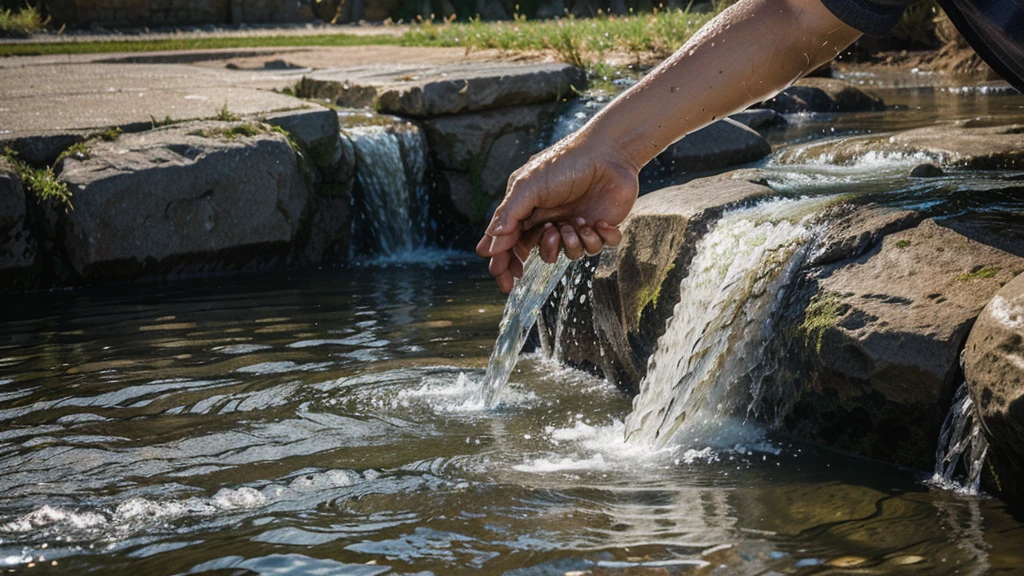 Create an image of a bible where water is flowing from. Add an open hand beneath the flowing water