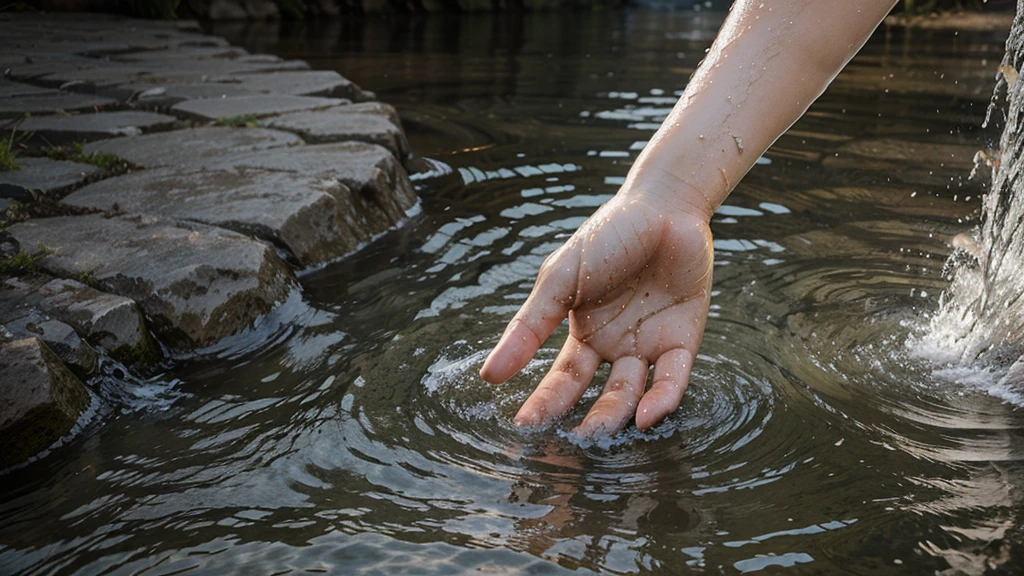 Create an image of a bible where water is flowing from. Add an open hand beneath the flowing water