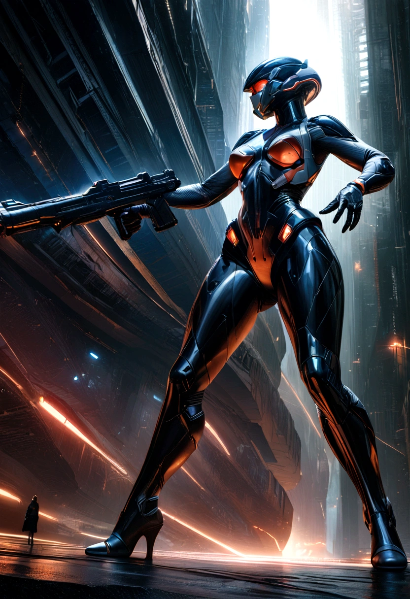 beautiful space squadron girl, beautiful face hidden by metal plated cool face mask, covered in tattoos, great proportion, tight fitting combat uniform, background invertebrate-like enemy group, destroyed space city, galaxy